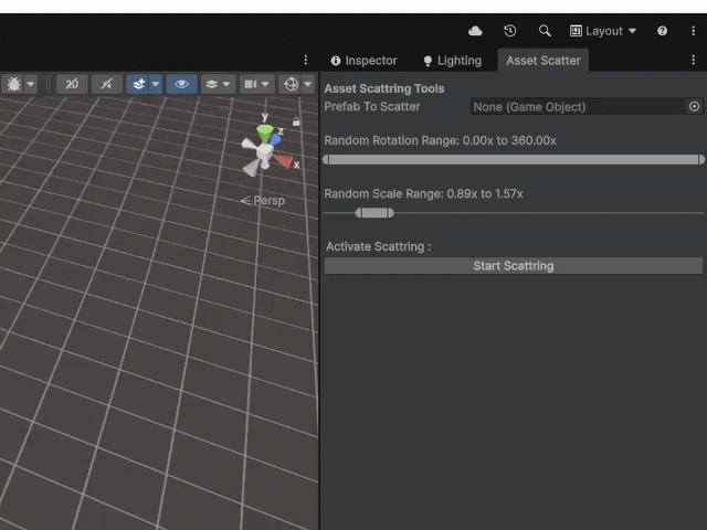 Asset Scattering Tool placing objects with random scale and rotation in the Unity editor